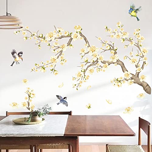 decalmile Flower Branch Wall Stickers Yellow Blossom Pear Flower Birds Wall Decals Kids Bedroom Living Room Window Wall Decor - Image 1