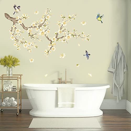 decalmile Flower Branch Wall Stickers Yellow Blossom Pear Flower Birds Wall Decals Kids Bedroom Living Room Window Wall Decor - Image 3