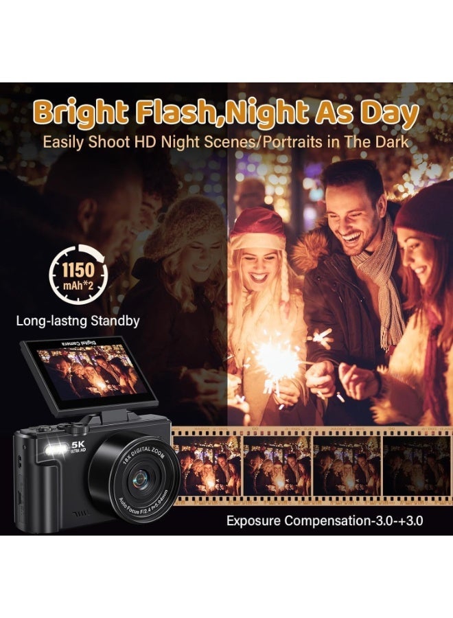 Lecran 5K Point and Shoot Digital Camera, 75MP for Photography, 2 Batteries, Wide Angle & Macro Lens, With 64GB TF Card, 18X Digital Camera with 3" 180° Flip Screen - Image 4