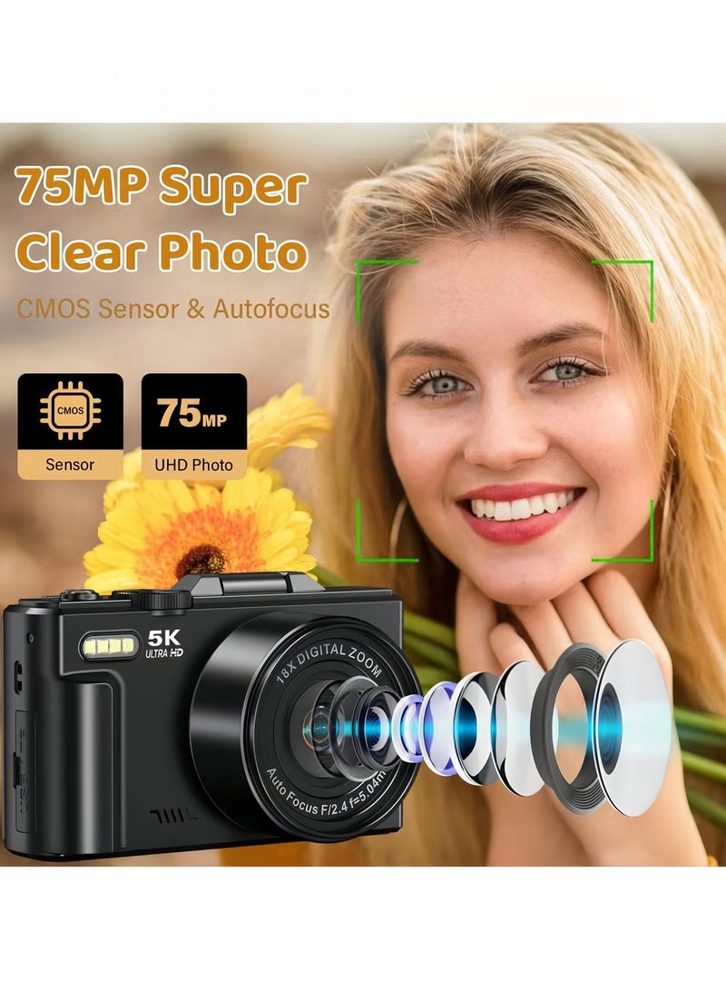 Lecran 5K Point and Shoot Digital Camera, 75MP for Photography, 2 Batteries, Wide Angle & Macro Lens, With 64GB TF Card, 18X Digital Camera with 3" 180° Flip Screen - Image 3