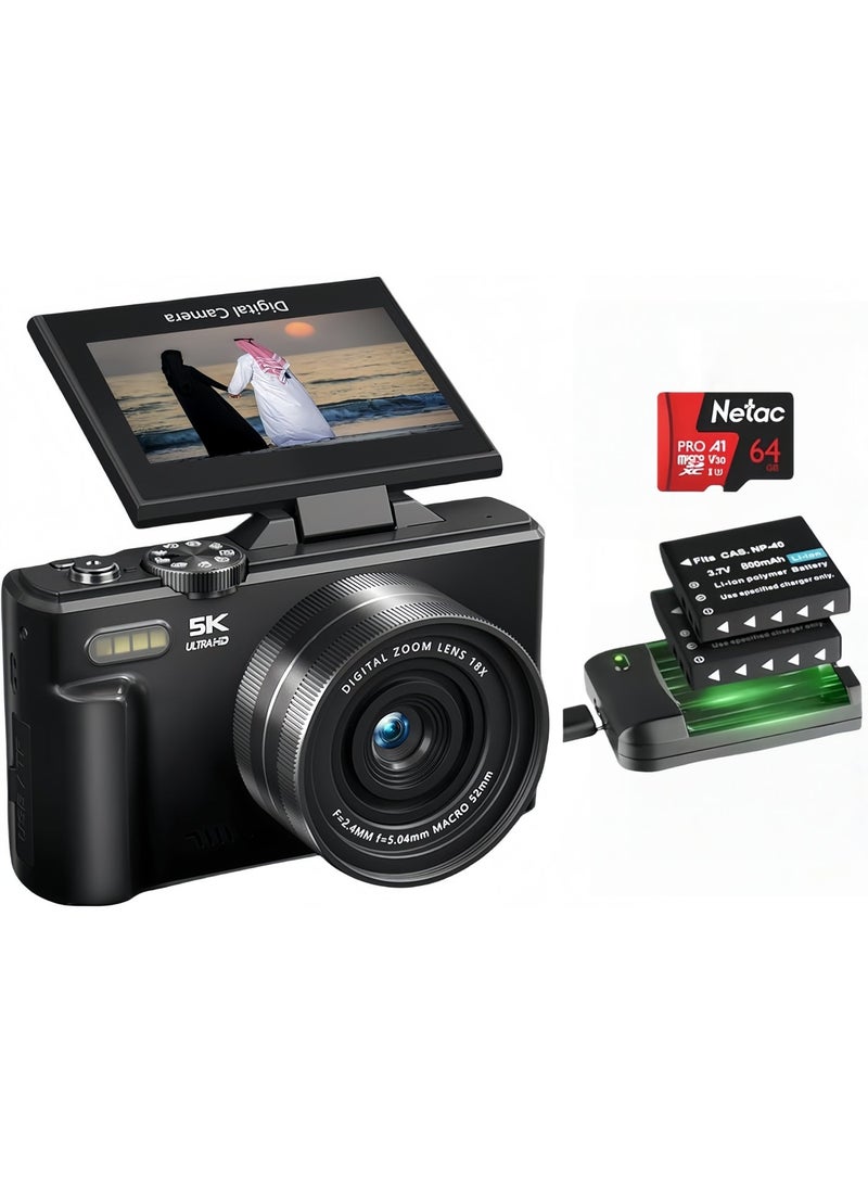 Lecran 5K Point and Shoot Digital Camera, 75MP for Photography, 2 Batteries, Wide Angle & Macro Lens, With 64GB TF Card, 18X Digital Camera with 3" 180° Flip Screen - Image 1