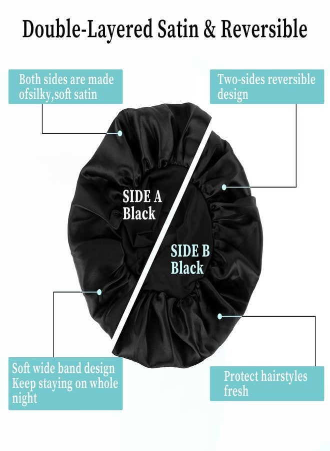 COMNICO Satin Bonnet for Sleeping, 1Pcs Double Layer Reversible Sleep Cap Black Satin Hair Bonnet for Sleeping Wide Soft Elastic Band Bonnet for Women Natural and Curly Hair Braids - Image 3