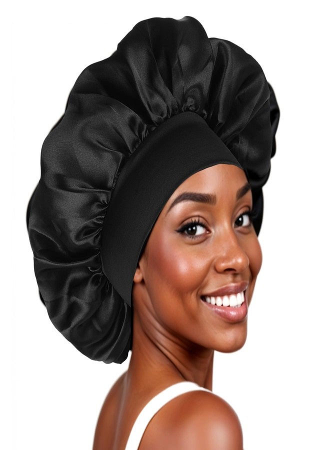 COMNICO Satin Bonnet for Sleeping, 1Pcs Double Layer Reversible Sleep Cap Black Satin Hair Bonnet for Sleeping Wide Soft Elastic Band Bonnet for Women Natural and Curly Hair Braids - Image 1