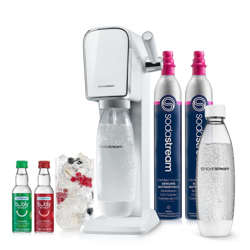 SodaStream SodaStream  ART Sparkling Water Maker  VALUE BUNDLE  CQC CO2 system  Includes 2x CO2 Cylinders 2x 32 Fl Oz Dishwasher Safe Bottles 2x Bubly Flavor Drops  Combine with Pepsi Flavors  White 