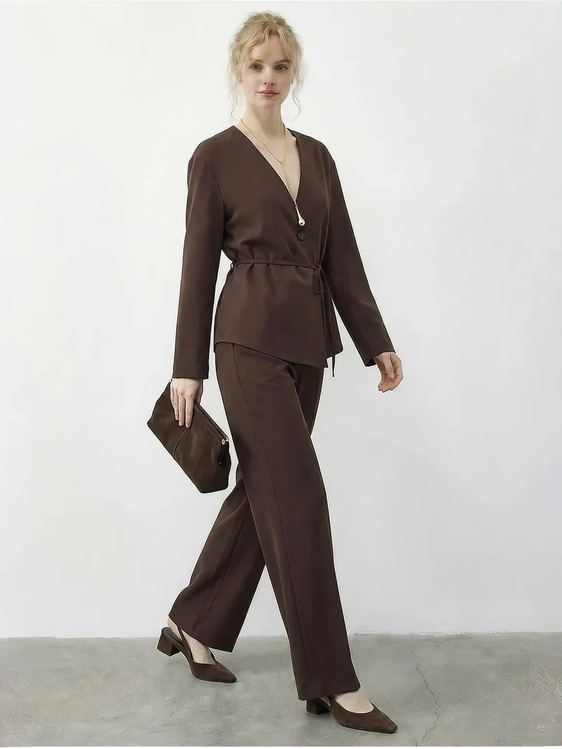 Bianco Lucci Mocha Brown LUCCI Belt Detailed Blouse and Jogger Pants Two Pieces Set for Women | Best Price UAE