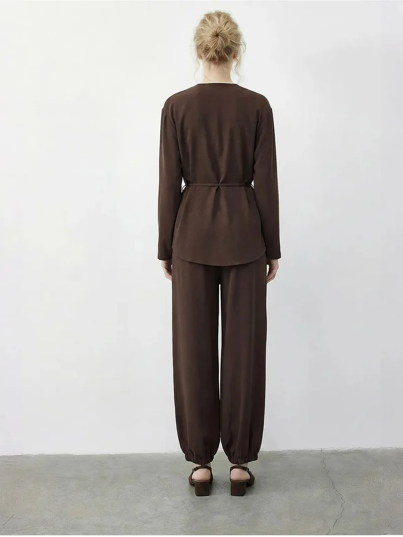Bianco Lucci Mocha Brown LUCCI Belt Detailed Blouse and Jogger Pants Two Pieces Set for Women | Best Price UAE