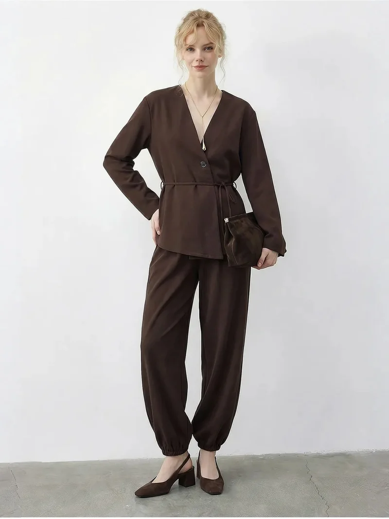 LUCCI Belt Detailed Blouse and Jogger Pants Two Pieces Set