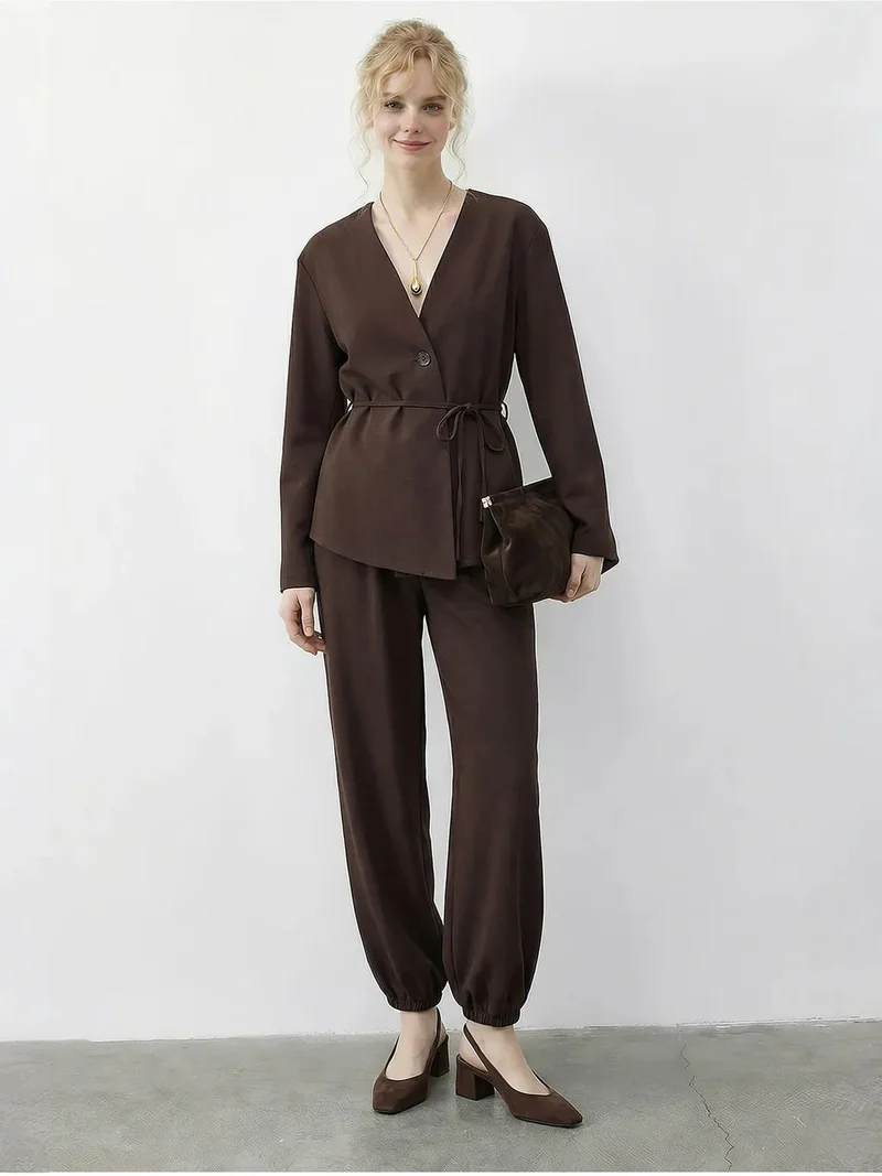 Bianco Lucci Mocha Brown LUCCI Belt Detailed Blouse and Jogger Pants Two Pieces Set for Women | Best Price UAE
