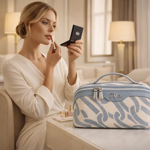 BOYATU Travel Makeup Bag for Women: Large Capacity 3-Piece Cosmetic & Toiletry Organizer - Expands Storage by 50% with 2 Detachable Pouches,Opens Flat for Easy Packing,Waterproof PU Leather(Blue) - Image 3