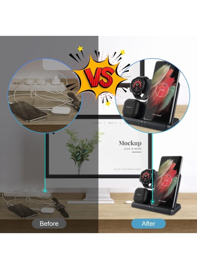 Wireless Charging Station for Samsung 3 in 1 Wireless Charger for Galaxy Watch 4/3/Active 2/1 Compatible with Samsung S22 Ultra S21 S20 Note20 Z Flip 4/3 Z Fold Galaxy Buds, Black - Image 2