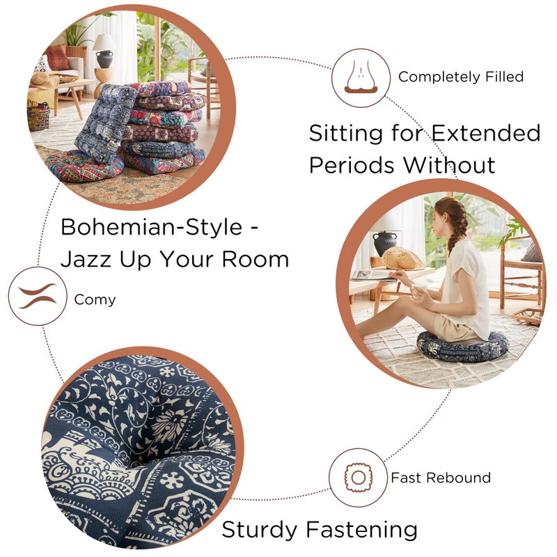 Codi Meditation Floor Pillow  Boho Pillows Seating for Adults & Kids  Large Round Cushion for Yoga Living Room Tatami Sitting  Memory Foam Added  22x22 Inch  Indigo Elephant - Image 3