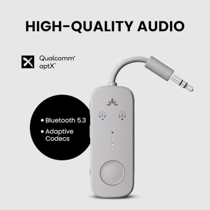 Avantree Relay Premium Airplane Bluetooth Adapter With Advanced Qualcomm Chipset, 2 Headphones Support, 25Hrs Play Time, Aptx Adaptive & Hd Audio Transmitter For Airpods, Bose & Travel Flight - Image 3