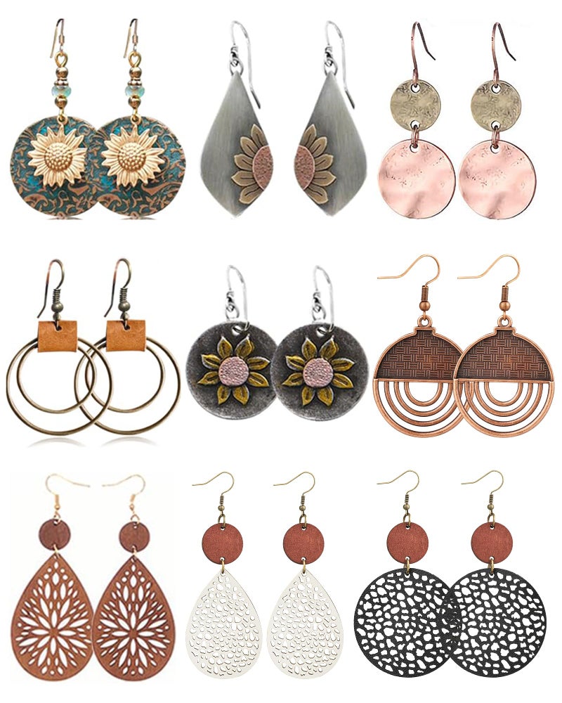 FIFATA 9 Pairs Boho Earrings for Women Vintage Jewelry Set Teardrop Sunflower Dangle Earrings with Leather Wrap Bracelets Christmas Gifts (Style C) - Image 1