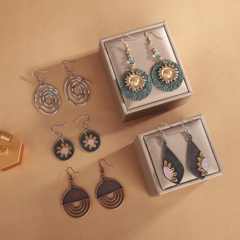 FIFATA 9 Pairs Boho Earrings for Women Vintage Jewelry Set Teardrop Sunflower Dangle Earrings with Leather Wrap Bracelets Christmas Gifts (Style C) - Image 5