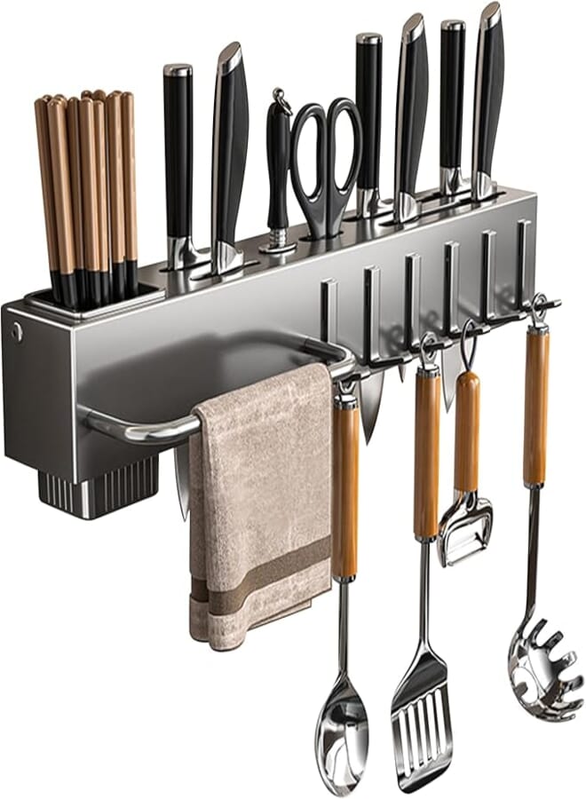 Celestia Kitchen Utensil Holder with 6 Hooks, No Drilling Kitchen Utensils Holder, Adhesive Kitchen Knife Holder, for Kitchen Gadgets / Pot/ Ladle / Knives