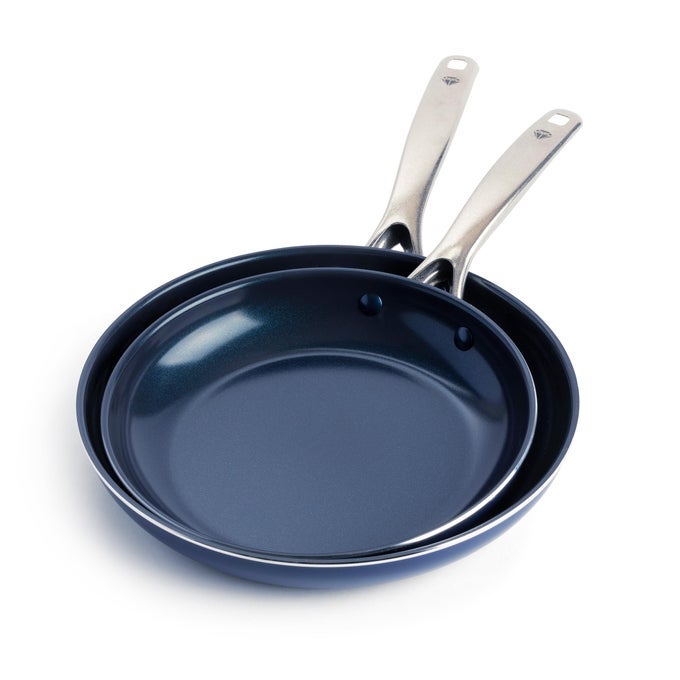 95 11 NONSTICK FRYING PAN SKILLET SET DIAMOND INFUSED PFAS PTFEFREE CERAMIC POTS PANS DISHWASHER OVEN SAFE STAY COOL HANDLES DURABLE NON TOXIC METAL UTENSIL SAFE BLUE