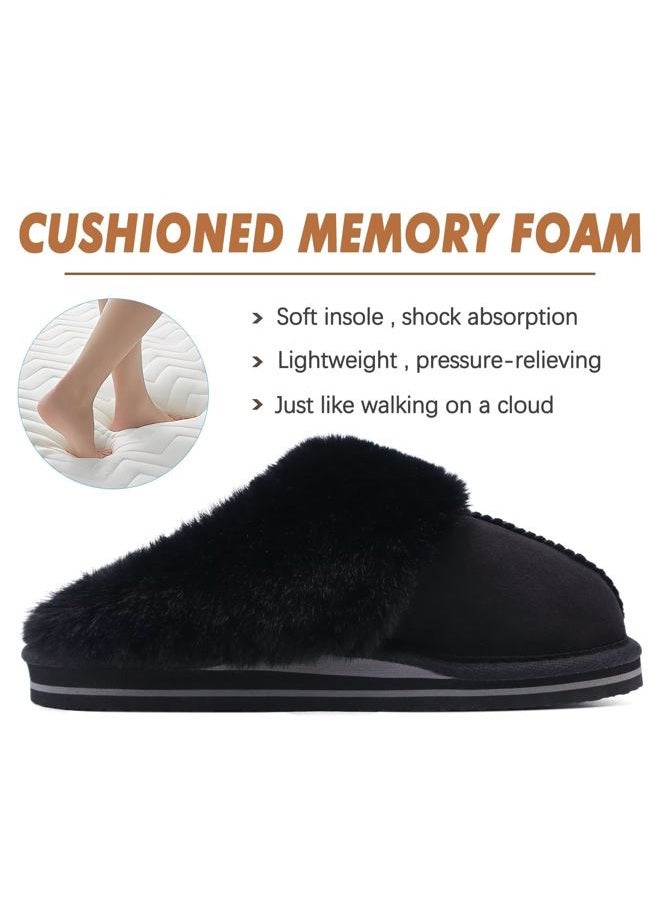 KuaiLu Womens Cozy Memory Foam Slippers Ladies Fuzzy Faux Fur Lined Warm Arch Support House Shoes Slip on Comfy Winter Scuff Indoor Outdoor Rubber Hard Sole, Dark Black, 9 - Image 4