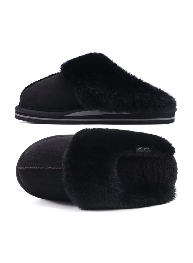 KuaiLu Womens Cozy Memory Foam Slippers Ladies Fuzzy Faux Fur Lined Warm Arch Support House Shoes Slip on Comfy Winter Scuff Indoor Outdoor Rubber Hard Sole, Dark Black, 9 - Image 1
