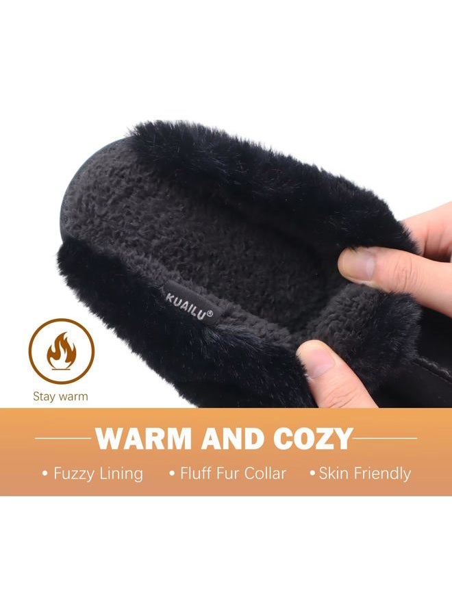 KuaiLu Womens Cozy Memory Foam Slippers Ladies Fuzzy Faux Fur Lined Warm Arch Support House Shoes Slip on Comfy Winter Scuff Indoor Outdoor Rubber Hard Sole, Dark Black, 9 - Image 5
