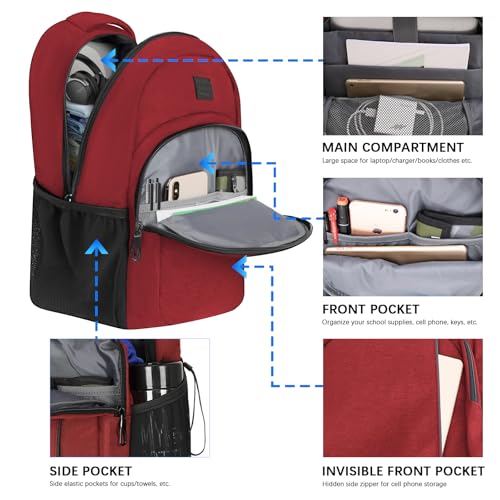 LARIPOP Carry On Backpack for Airplane 156 Inch Laptop Backpack with USB Charging Port Water Resistant Business Travel Backpack Lightweight College School Bookbag Anti Theft for Men Women Red - Image 3