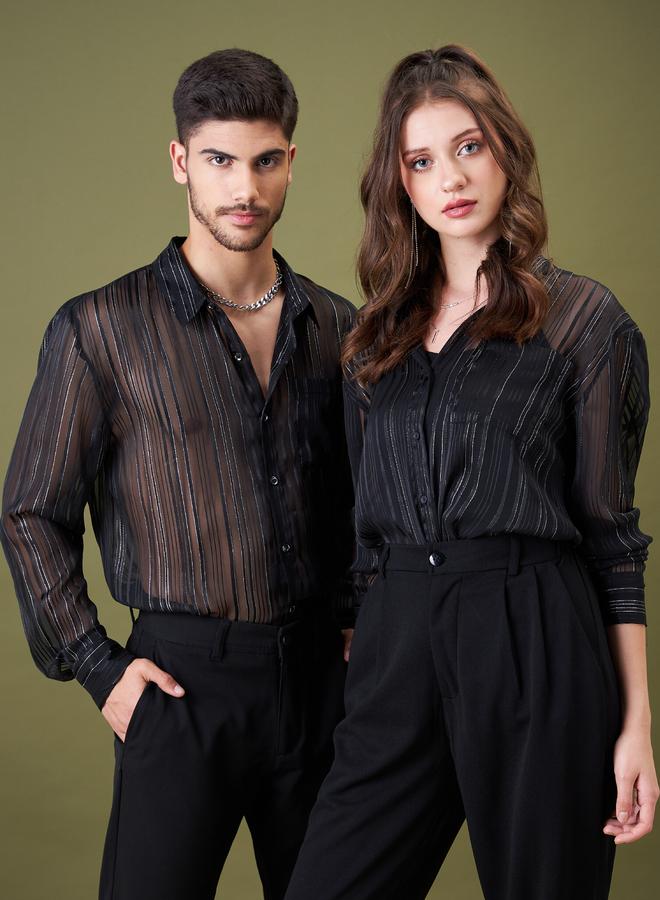 SASSAFRAS Unisex Black Self-Design Spread Collar Shirt - Image 2