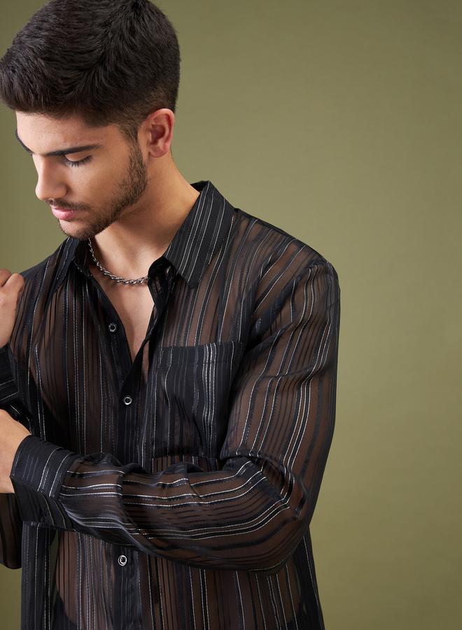 SASSAFRAS Unisex Black Self-Design Spread Collar Shirt - Image 3