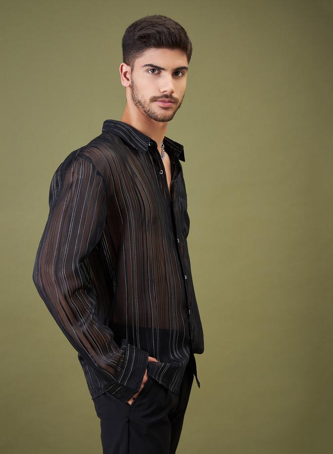 SASSAFRAS Unisex Black Self-Design Spread Collar Shirt - Image 1