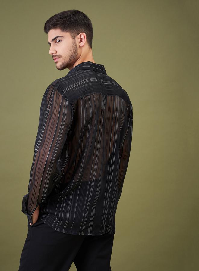 SASSAFRAS Unisex Black Self-Design Spread Collar Shirt - Image 4