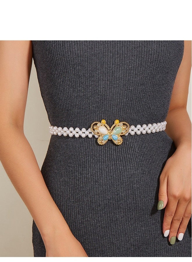 Pearl Rhinestone Waist Belt for Women - Stylish Metal Buckle Skinny Waistband - Girls  Dresses Accessory - 2cm Wide Waistband Random Color 2PCS - Image 2