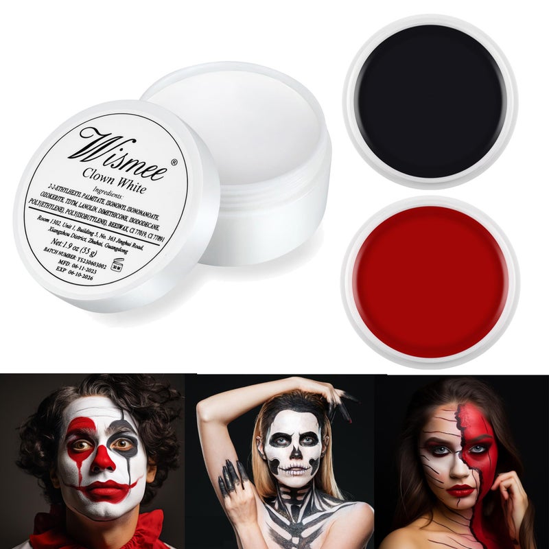 Wismee Clown Makeup Black White Red Cream Face Body Paint Clown Joker Zombie Vampire Skeleton Halloween Costume Fantasy Makeup Fancy Dress Up Cosmetics Set Oil Painting Art (White Red Black) - Image 1