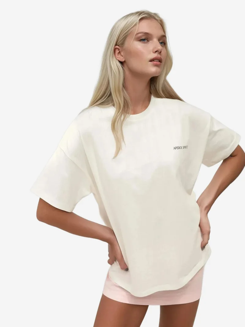 HICCUP %100 Cotton Oversized Printed Crew Neck Cotton T-Shirt