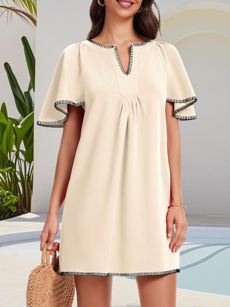 HOULENGS Women's Summer Flutter Short Sleeve A Line Mini Dress Casual Contrast Trim V Neck Short Dress with Pockets Apricot Small - Image 3