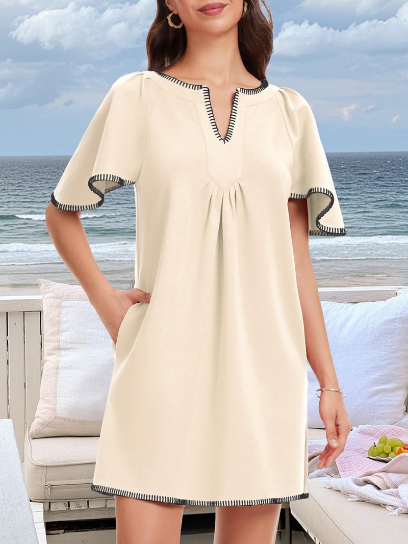 HOULENGS Women's Summer Flutter Short Sleeve A Line Mini Dress Casual Contrast Trim V Neck Short Dress with Pockets Apricot Small - Image 4