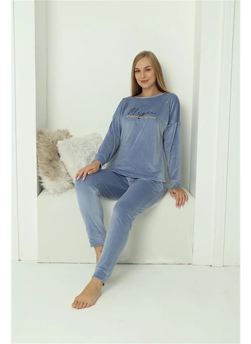 اكبينيز Women's Velvet Blue Pajama Set 20624