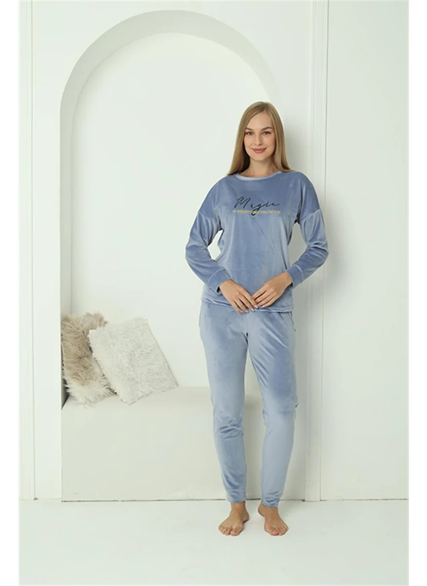 اكبينيز Women's Velvet Blue Pajama Set 20624