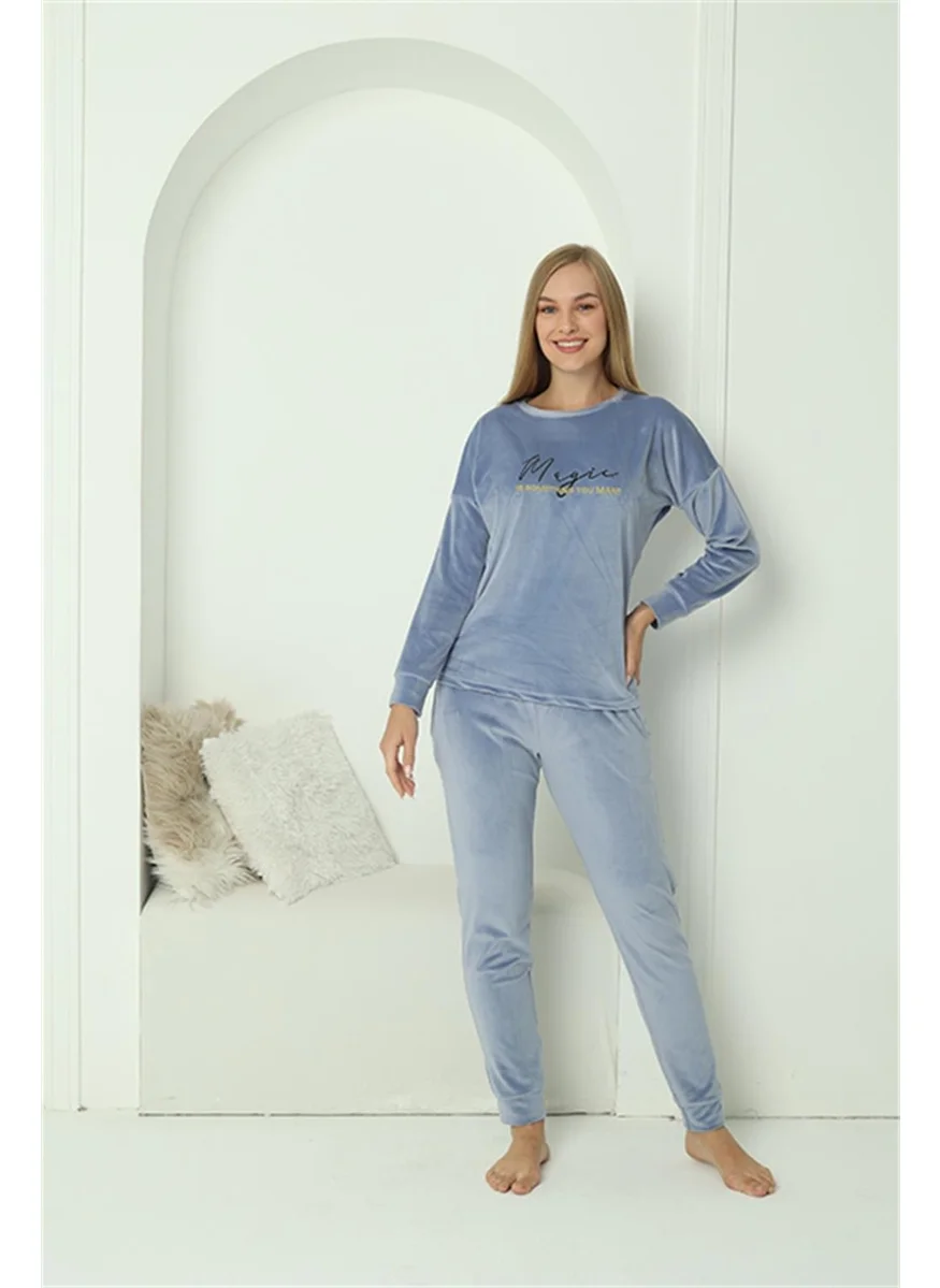اكبينيز Women's Velvet Blue Pajama Set 20624