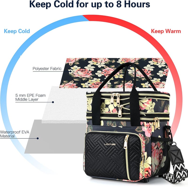 LOKASS Lunch Box for WomenMen16LInsulated Lunch Bag Expandable Doublelayer Leakproof Cooler Bag with Upgrade Adjustable Shoulder Strap Ideal for WorkTravelPicnicsFloral - Image 3
