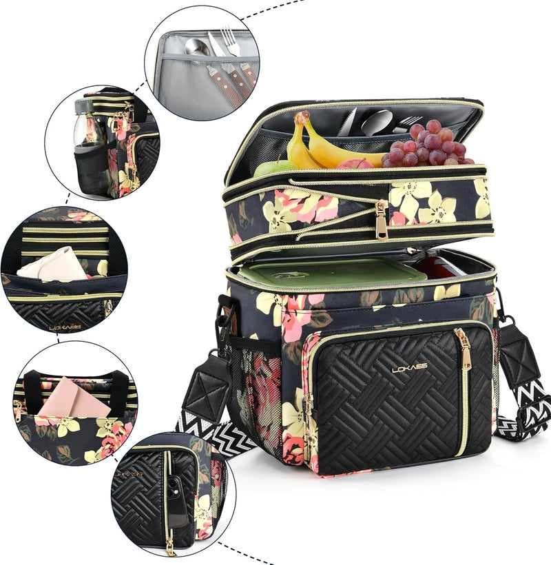 LOKASS Lunch Box for WomenMen16LInsulated Lunch Bag Expandable Doublelayer Leakproof Cooler Bag with Upgrade Adjustable Shoulder Strap Ideal for WorkTravelPicnicsFloral - Image 5