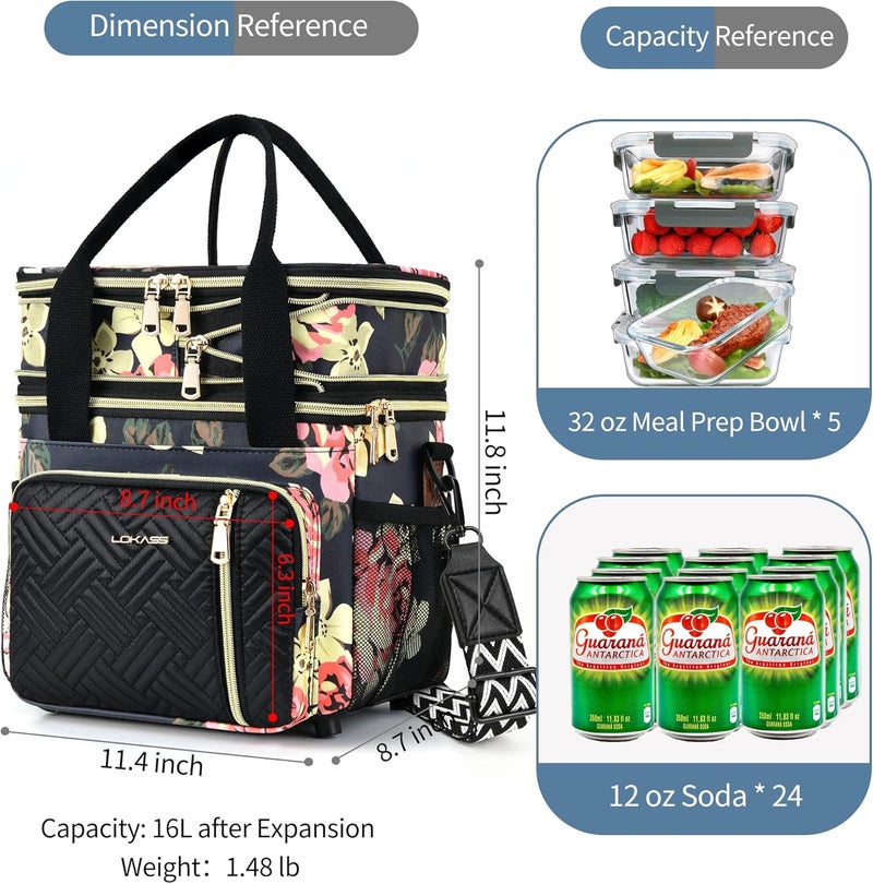 LOKASS Lunch Box for WomenMen16LInsulated Lunch Bag Expandable Doublelayer Leakproof Cooler Bag with Upgrade Adjustable Shoulder Strap Ideal for WorkTravelPicnicsFloral - Image 2