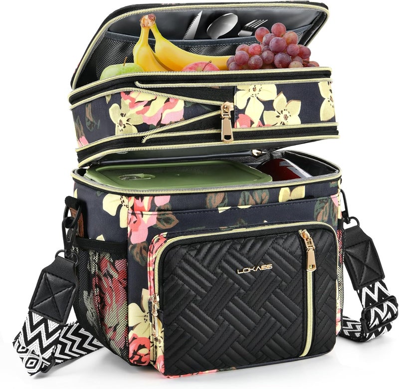 LOKASS Lunch Box for WomenMen16LInsulated Lunch Bag Expandable Doublelayer Leakproof Cooler Bag with Upgrade Adjustable Shoulder Strap Ideal for WorkTravelPicnicsFloral - Image 1