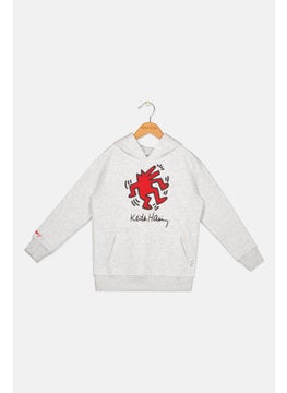 Keith Haring Kids Boy Hooded Neck Long Sleeve Graphic Sweatshirt, Grey  - Image 1