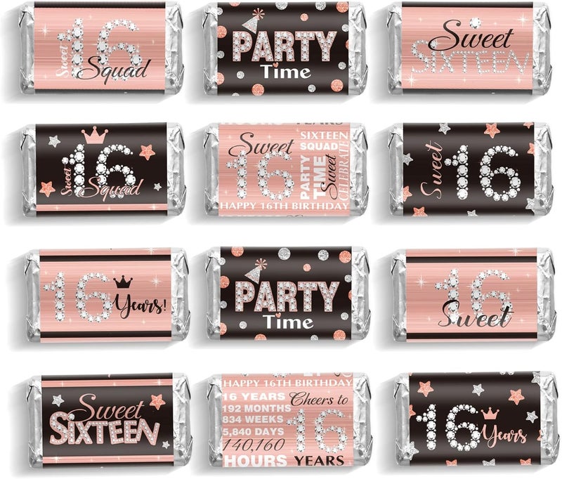 klarako Sweet 16 Mini Candy Bar Wrappers Birthday Miniatures Candy Favor Stickers Sixteen Chocolate Bar Wrapper Labels Girl 16th Birthday Wrapper Stickers, 90 Pieces (Pink Black) - Image 1