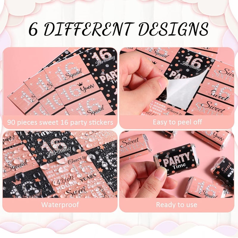 klarako Sweet 16 Mini Candy Bar Wrappers Birthday Miniatures Candy Favor Stickers Sixteen Chocolate Bar Wrapper Labels Girl 16th Birthday Wrapper Stickers, 90 Pieces (Pink Black) - Image 4