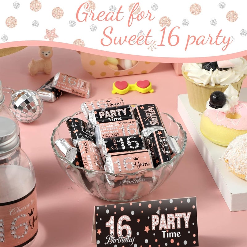 klarako Sweet 16 Mini Candy Bar Wrappers Birthday Miniatures Candy Favor Stickers Sixteen Chocolate Bar Wrapper Labels Girl 16th Birthday Wrapper Stickers, 90 Pieces (Pink Black) - Image 5
