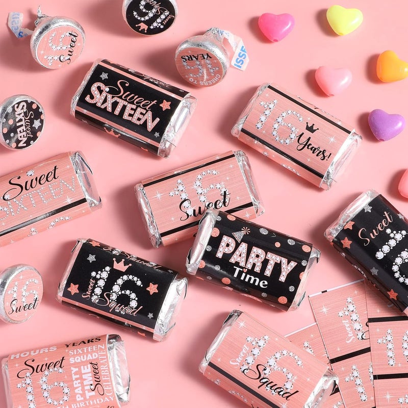 klarako Sweet 16 Mini Candy Bar Wrappers Birthday Miniatures Candy Favor Stickers Sixteen Chocolate Bar Wrapper Labels Girl 16th Birthday Wrapper Stickers, 90 Pieces (Pink Black) - Image 3