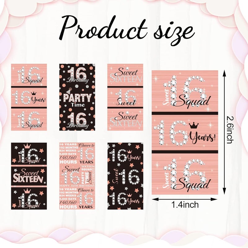 klarako Sweet 16 Mini Candy Bar Wrappers Birthday Miniatures Candy Favor Stickers Sixteen Chocolate Bar Wrapper Labels Girl 16th Birthday Wrapper Stickers, 90 Pieces (Pink Black) - Image 2