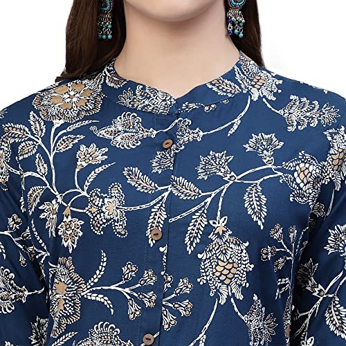 Stylum Women's Teal Floral Printed Rayon A-Line Kurta (Small) - Image 4
