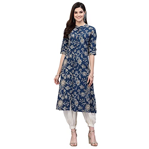 Stylum Women's Teal Floral Printed Rayon A-Line Kurta (Small) - Image 1