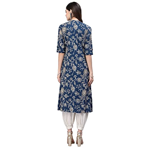 Stylum Women's Teal Floral Printed Rayon A-Line Kurta (Small) - Image 2