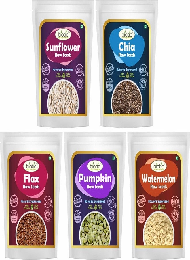 Biotic Naturals Healthy Raw Sunflower Seeds, Chia Seeds, Flax Seeds, Pumpkin Seeds and Watermelon Seeds combo pack for Eating 375gm (75g each) - Image 1